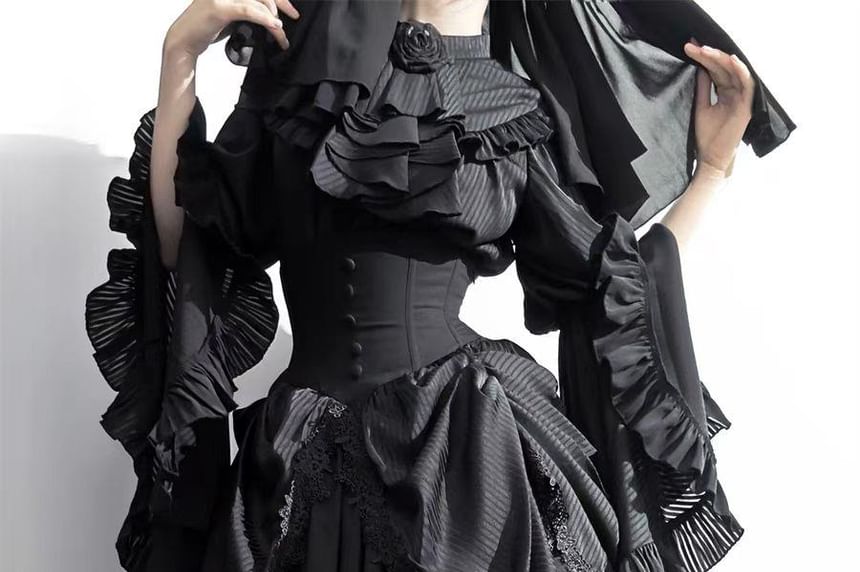 Long-Sleeve Band Collar Plain Frill Trim Slim Fit Blouse / Elastic Waist Midi A-Line Skirt / Lace Trim Cover Up Skirt / Set