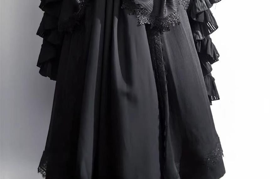 Long-Sleeve Band Collar Plain Frill Trim Slim Fit Blouse / Elastic Waist Midi A-Line Skirt / Lace Trim Cover Up Skirt / Set