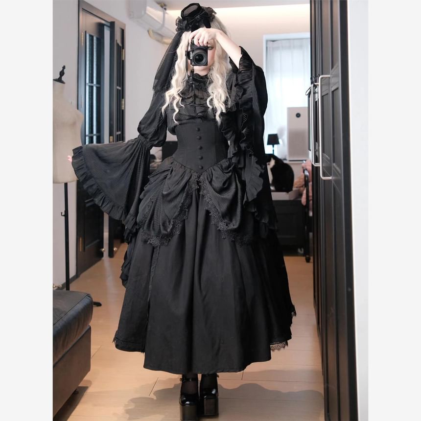 Long-Sleeve Band Collar Plain Frill Trim Slim Fit Blouse / Elastic Waist Midi A-Line Skirt / Lace Trim Cover Up Skirt / Set