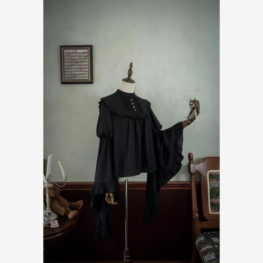 Long-Sleeve Band Collar Plain Frill Trim Slim Fit Blouse / Elastic Waist Midi A-Line Skirt / Lace Trim Cover Up Skirt / Set