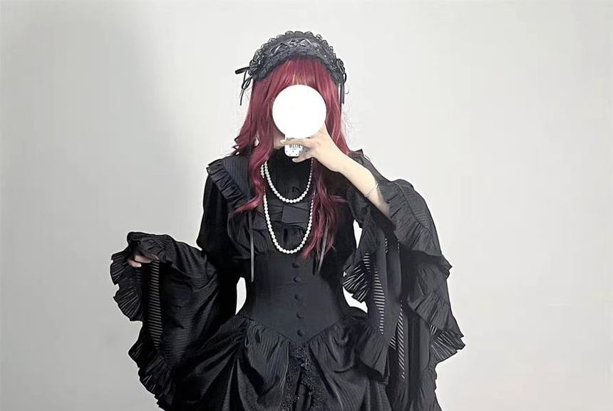 Long-Sleeve Band Collar Plain Frill Trim Slim Fit Blouse / Elastic Waist Midi A-Line Skirt / Lace Trim Cover Up Skirt / Set