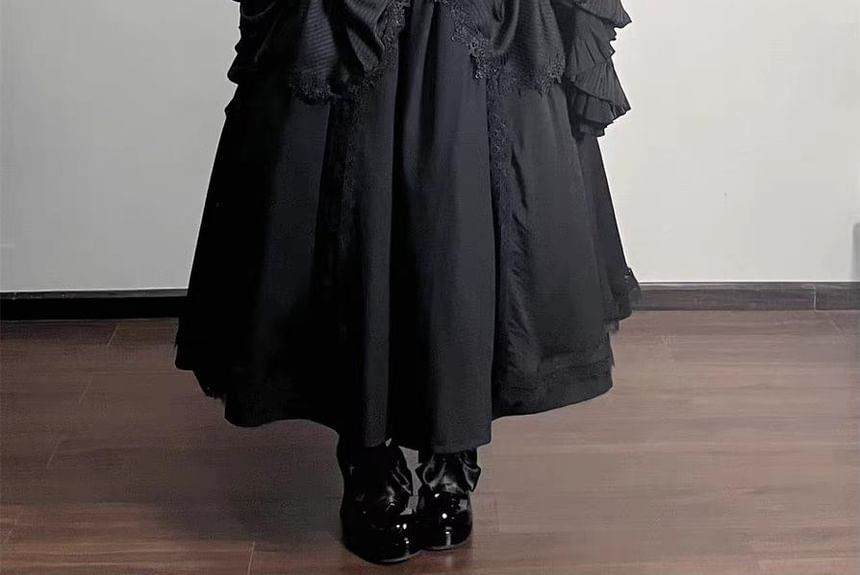 Long-Sleeve Band Collar Plain Frill Trim Slim Fit Blouse / Elastic Waist Midi A-Line Skirt / Lace Trim Cover Up Skirt / Set