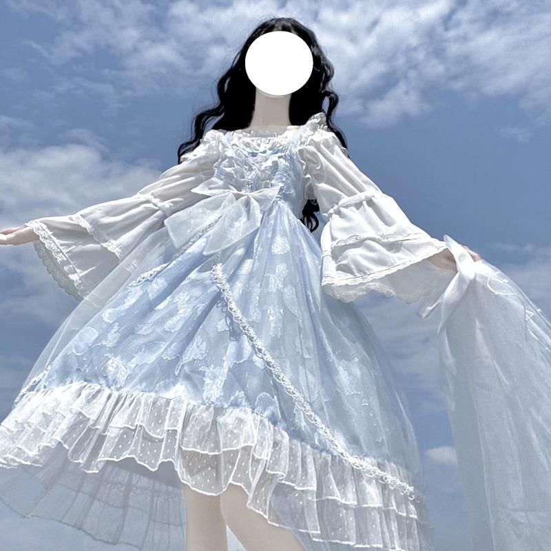 Bow Frill Trim Lace Panel Midi A-Line Overall Dress