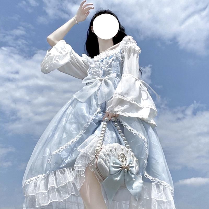 Bow Frill Trim Lace Panel Midi A-Line Overall Dress