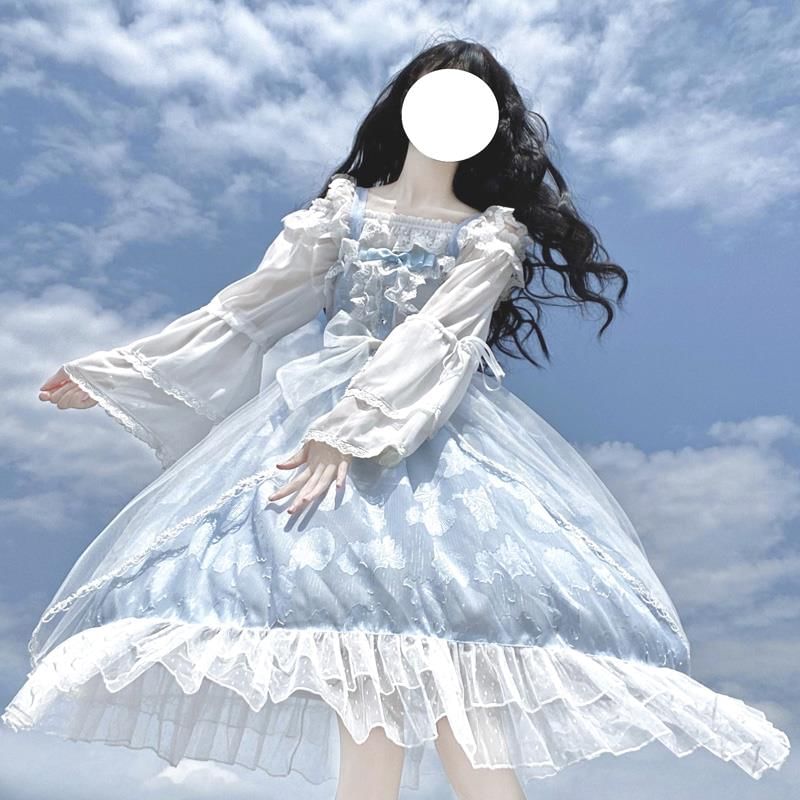 Bow Frill Trim Lace Panel Midi A-Line Overall Dress