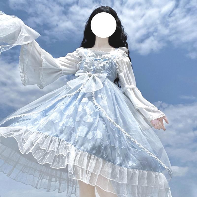 Bow Frill Trim Lace Panel Midi A-Line Overall Dress