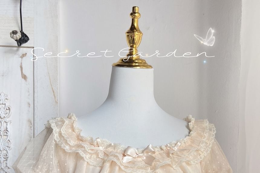 Short-Sleeve Boat Neck Bow Lace Trim Peplum Cropped Blouse