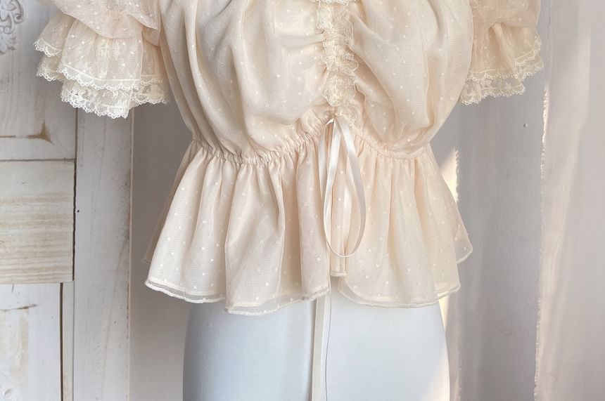 Short-Sleeve Boat Neck Bow Lace Trim Peplum Cropped Blouse