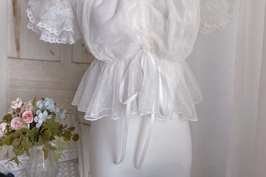 Short-Sleeve Boat Neck Bow Lace Trim Peplum Cropped Blouse