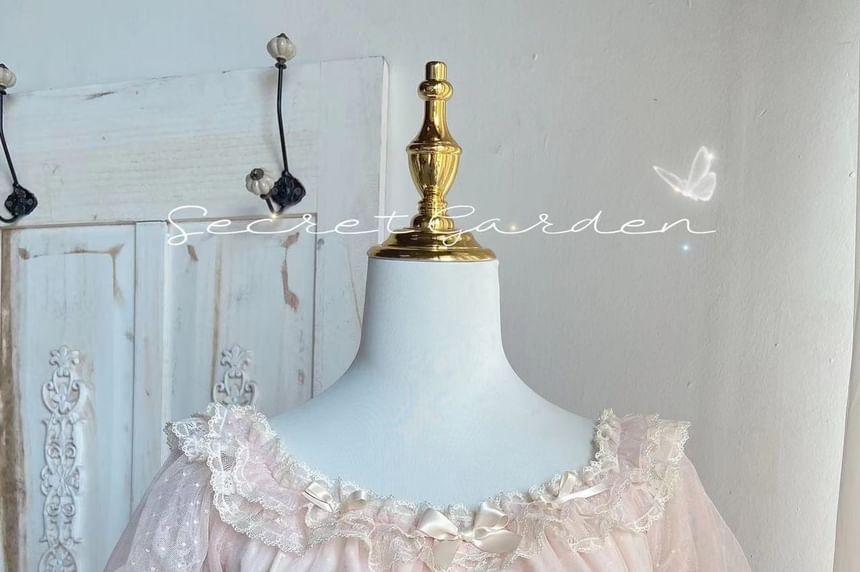 Short-Sleeve Boat Neck Bow Lace Trim Peplum Cropped Blouse