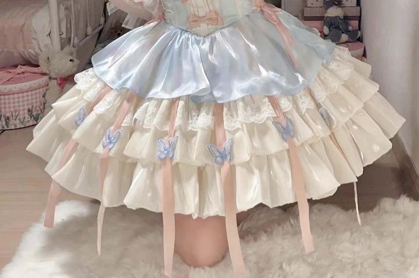 Sleeveless Bow Butterfly Accent Tiered Ruffle Trim Mini A-Line Dress / Train / Petticoat Skirt / Necklace / Set