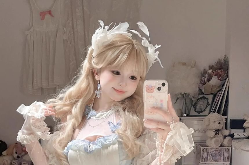 Sleeveless Bow Butterfly Accent Tiered Ruffle Trim Mini A-Line Dress / Train / Petticoat Skirt / Necklace / Set