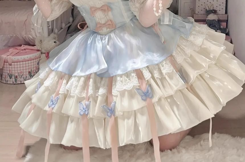 Sleeveless Bow Butterfly Accent Tiered Ruffle Trim Mini A-Line Dress / Train / Petticoat Skirt / Necklace / Set