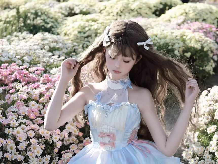 Sleeveless Bow Butterfly Accent Tiered Ruffle Trim Mini A-Line Dress / Train / Petticoat Skirt / Necklace / Set