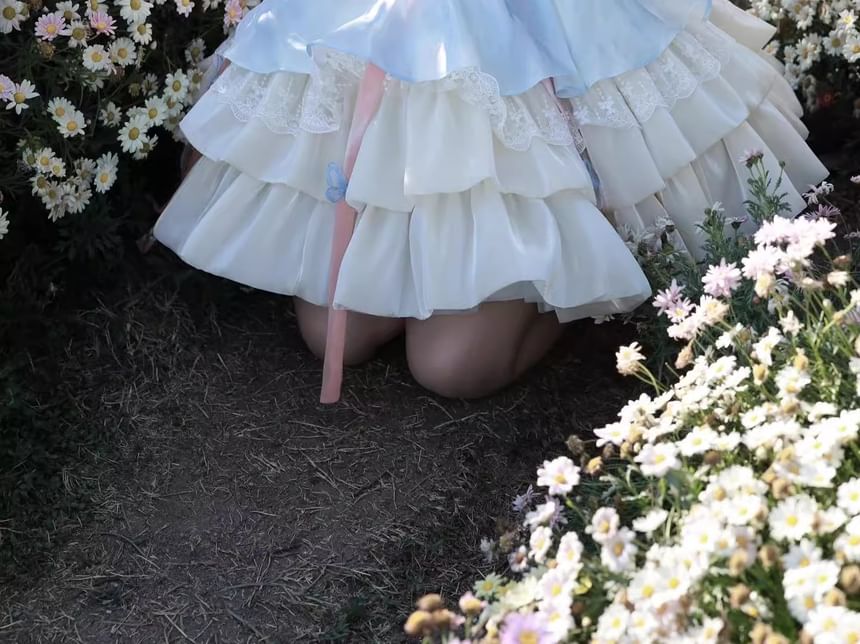 Sleeveless Bow Butterfly Accent Tiered Ruffle Trim Mini A-Line Dress / Train / Petticoat Skirt / Necklace / Set