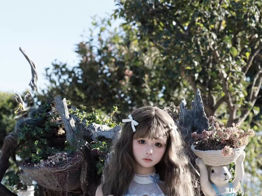 Sleeveless Bow Butterfly Accent Tiered Ruffle Trim Mini A-Line Dress / Train / Petticoat Skirt / Necklace / Set