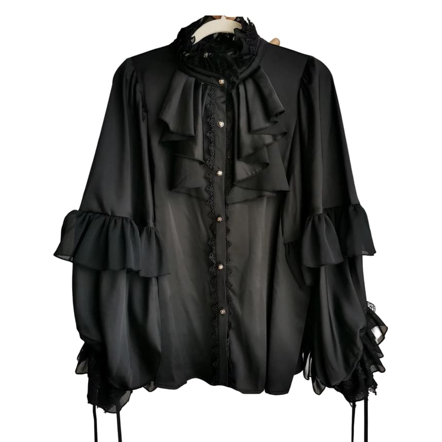 Long-Sleeve Ruffle Trim Tiered Lace Panel Blouse