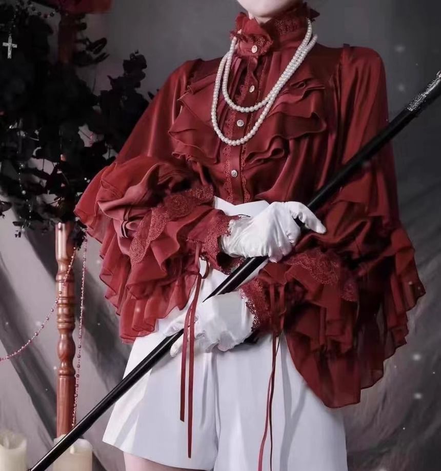 Long-Sleeve Ruffle Trim Tiered Lace Panel Blouse