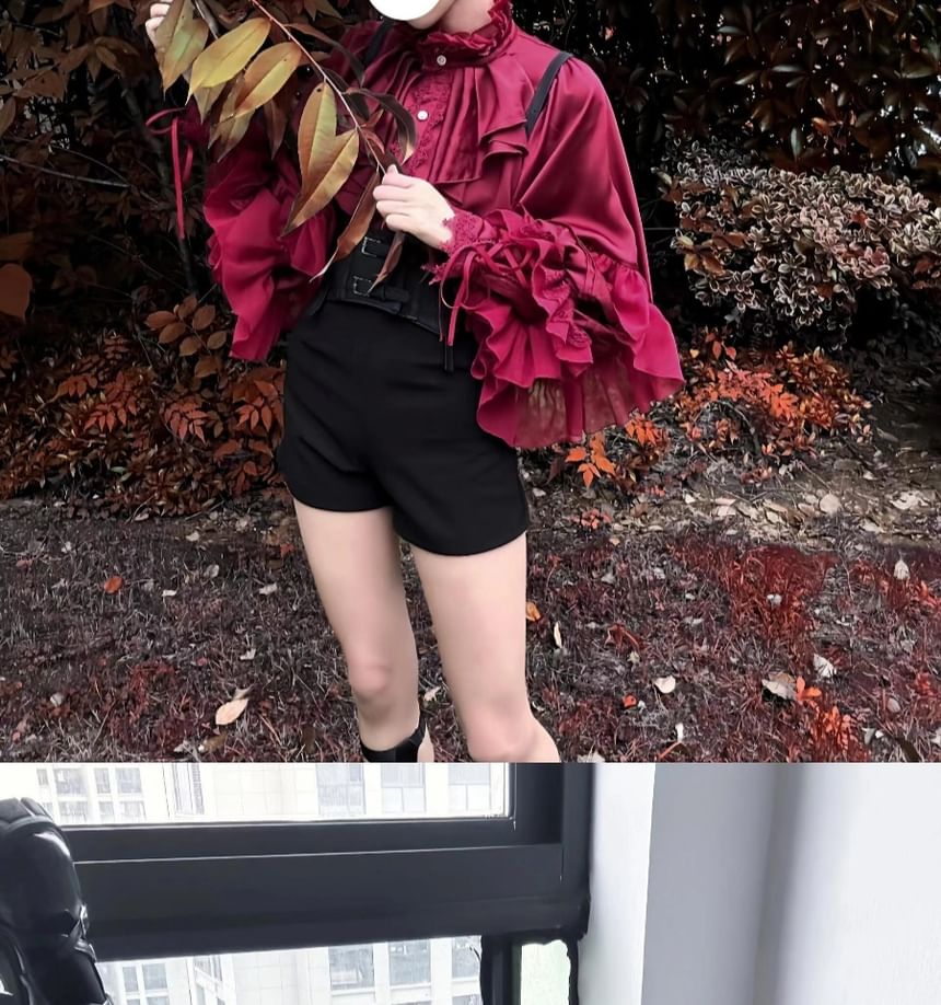 Long-Sleeve Ruffle Trim Tiered Lace Panel Blouse