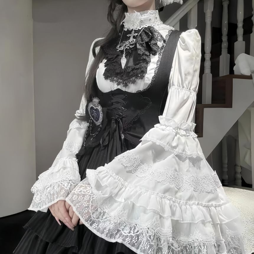 Bell-Sleeve Ruffle Trim Lace Panel Blouse