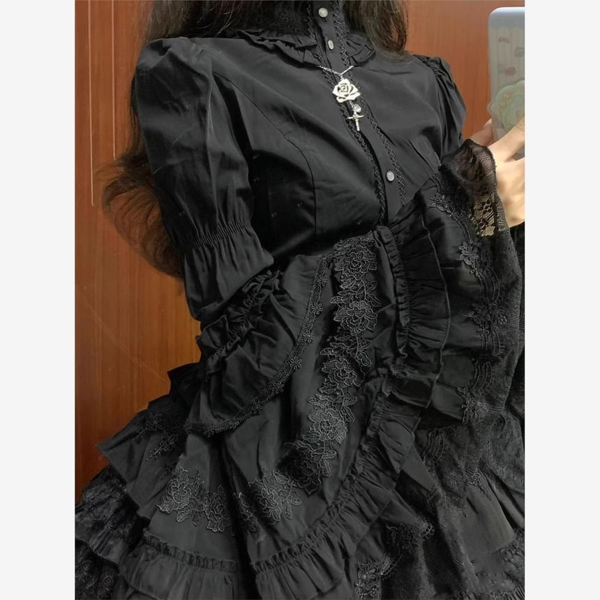 Bell-Sleeve Ruffle Trim Lace Panel Blouse