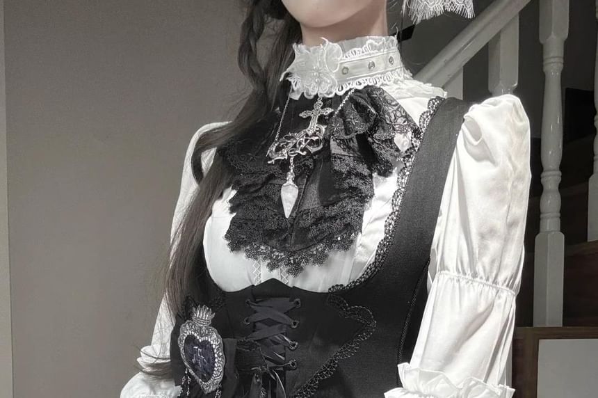 Bell-Sleeve Ruffle Trim Lace Panel Blouse