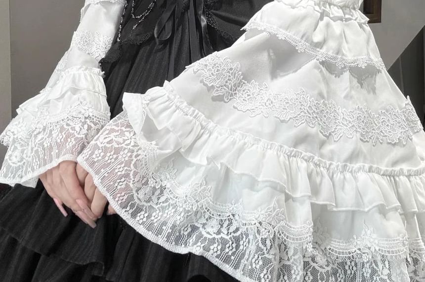 Bell-Sleeve Ruffle Trim Lace Panel Blouse