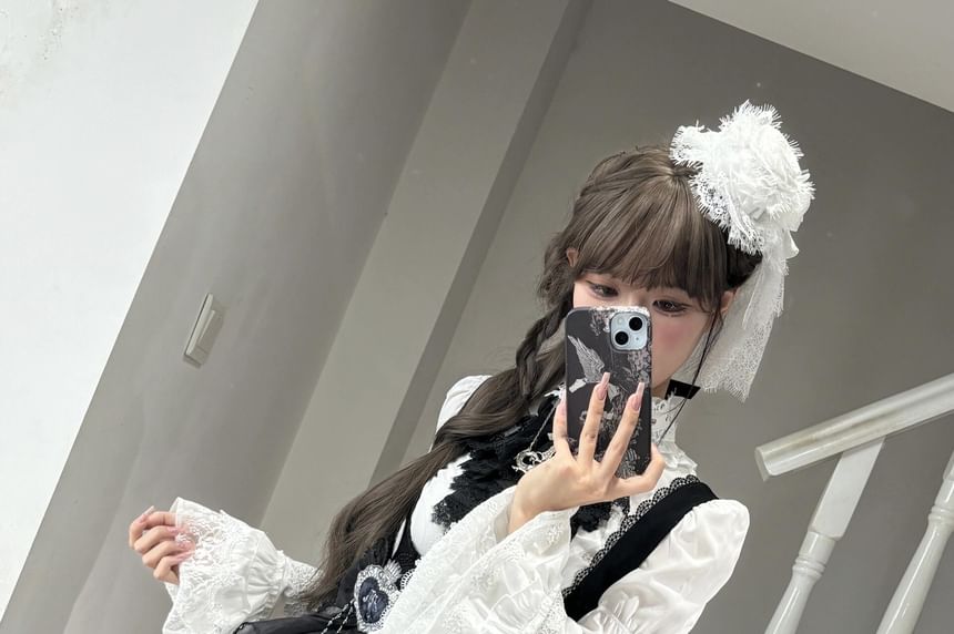 Bell-Sleeve Ruffle Trim Lace Panel Blouse