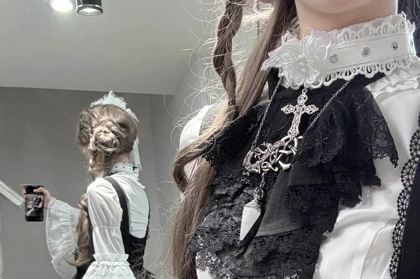 Bell-Sleeve Ruffle Trim Lace Panel Blouse