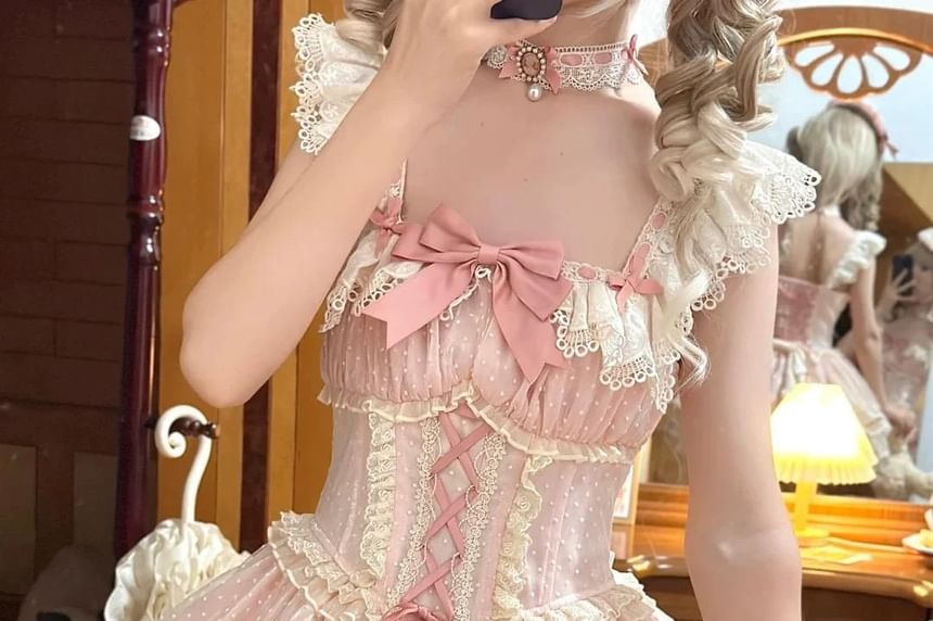 Cap-Sleeve Square Neck Bow Tiered Lace Trim Mini A-Line Dress / Choker / Fascinator Hat / Set