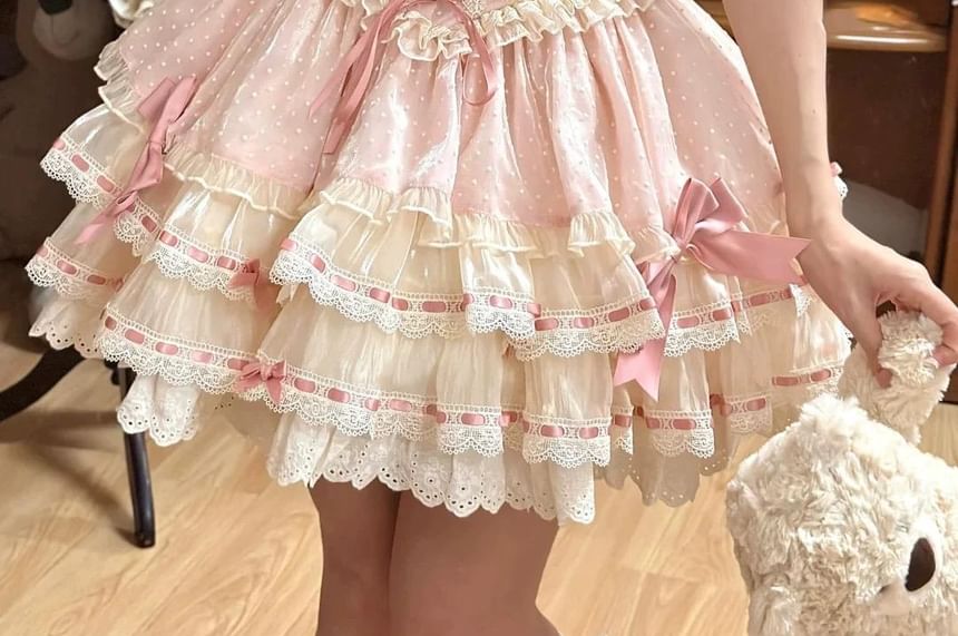 Cap-Sleeve Square Neck Bow Tiered Lace Trim Mini A-Line Dress / Choker / Fascinator Hat / Set