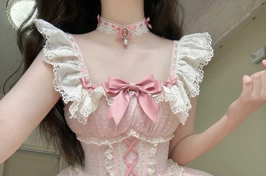 Cap-Sleeve Square Neck Bow Tiered Lace Trim Mini A-Line Dress / Choker / Fascinator Hat / Set