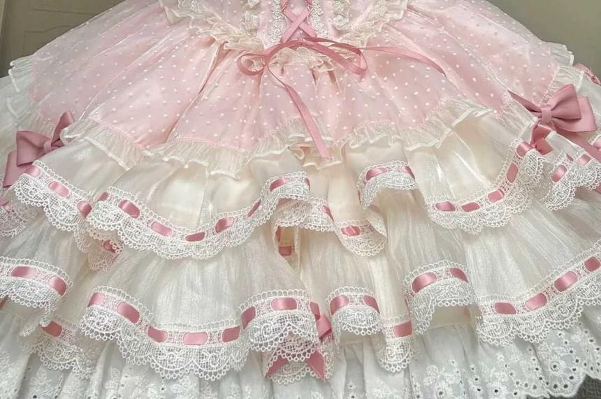 Cap-Sleeve Square Neck Bow Tiered Lace Trim Mini A-Line Dress / Choker / Fascinator Hat / Set