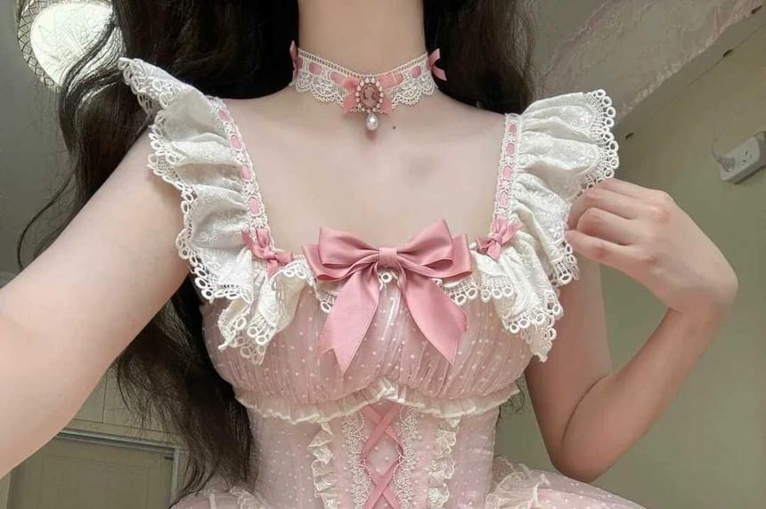 Cap-Sleeve Square Neck Bow Tiered Lace Trim Mini A-Line Dress / Choker / Fascinator Hat / Set