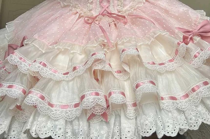 Cap-Sleeve Square Neck Bow Tiered Lace Trim Mini A-Line Dress / Choker / Fascinator Hat / Set