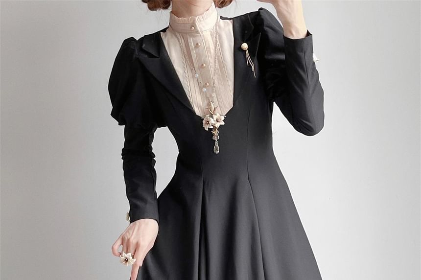 Long-Sleeve Band Collar Two Tone Midi A-Line Dress / Wrist Cuff / Pendant Necklace / Set
