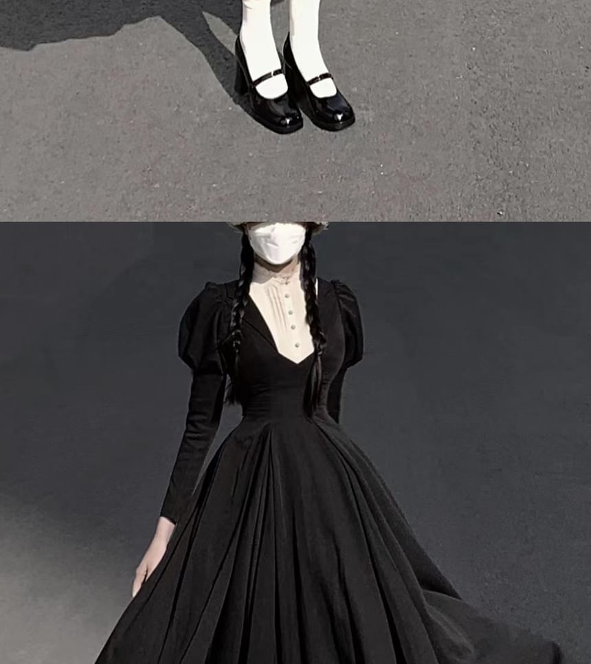 Long-Sleeve Band Collar Two Tone Midi A-Line Dress / Wrist Cuff / Pendant Necklace / Set