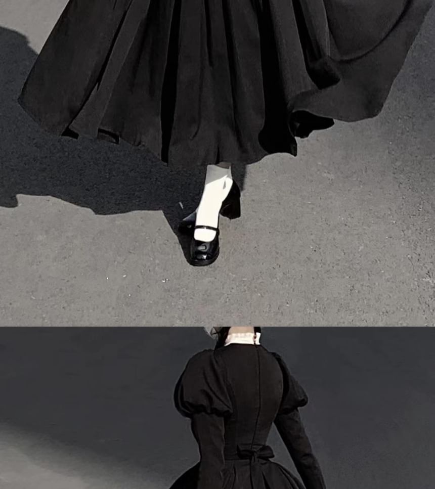 Long-Sleeve Band Collar Two Tone Midi A-Line Dress / Wrist Cuff / Pendant Necklace / Set