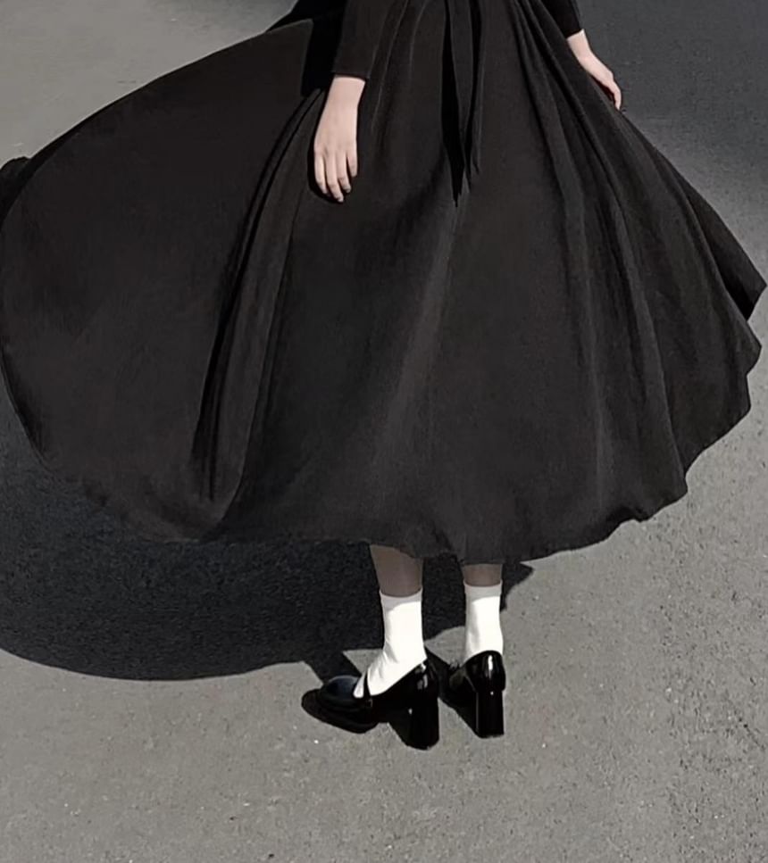 Long-Sleeve Band Collar Two Tone Midi A-Line Dress / Wrist Cuff / Pendant Necklace / Set