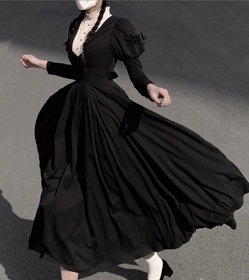 Long-Sleeve Band Collar Two Tone Midi A-Line Dress / Wrist Cuff / Pendant Necklace / Set