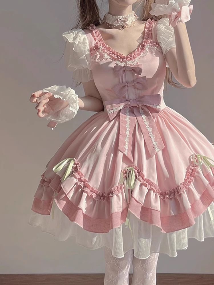 Short-Sleeve Bow Ruffle Trim Lace Panel Mini A-Line Dress / Wrist Cuff / Petticoat Skirt / Set