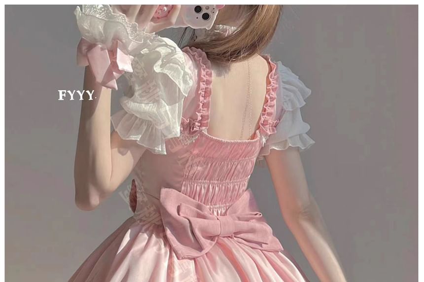 Short-Sleeve Bow Ruffle Trim Lace Panel Mini A-Line Dress / Wrist Cuff / Petticoat Skirt / Set