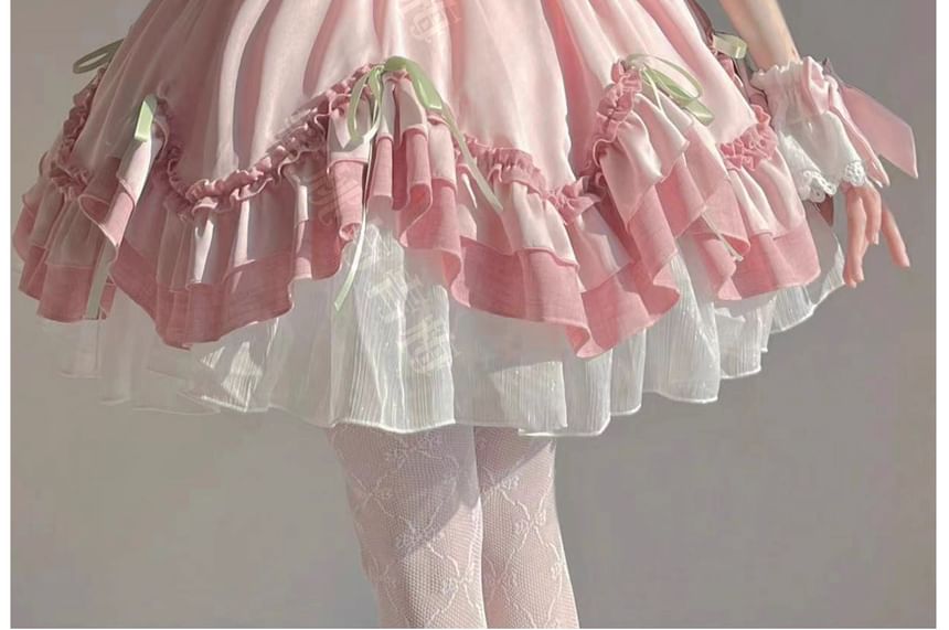 Short-Sleeve Bow Ruffle Trim Lace Panel Mini A-Line Dress / Wrist Cuff / Petticoat Skirt / Set