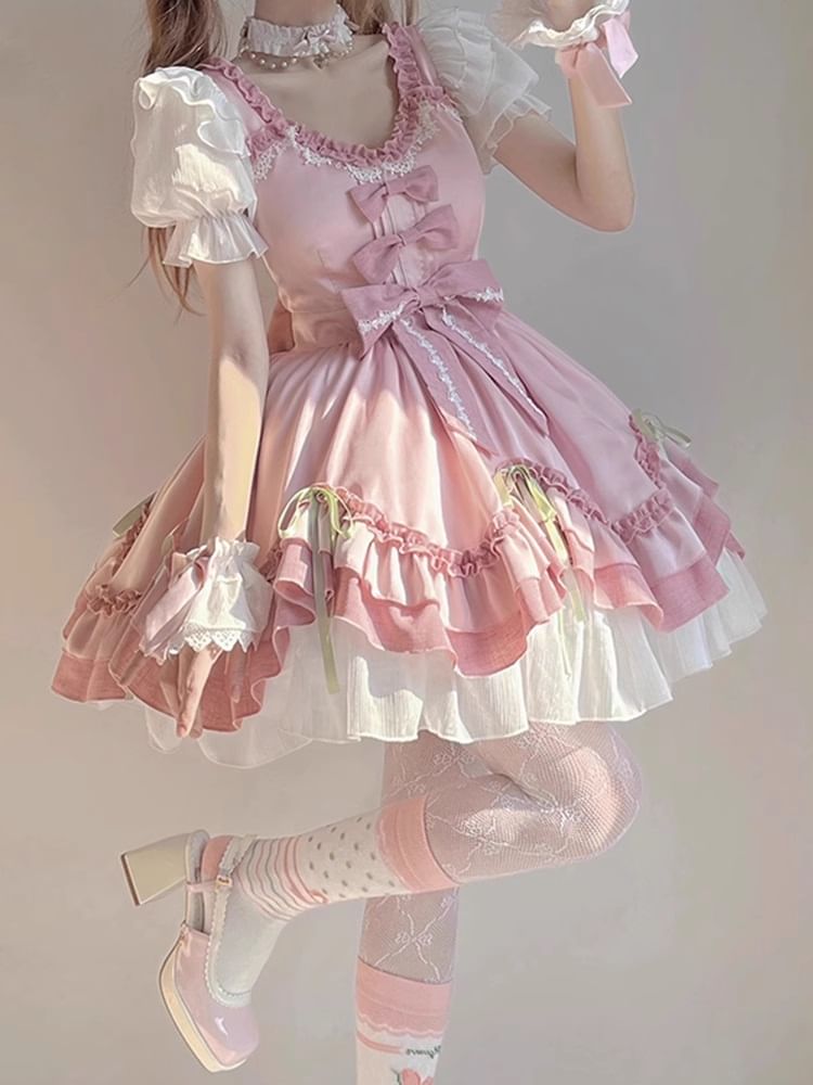 Short-Sleeve Bow Ruffle Trim Lace Panel Mini A-Line Dress / Wrist Cuff / Petticoat Skirt / Set