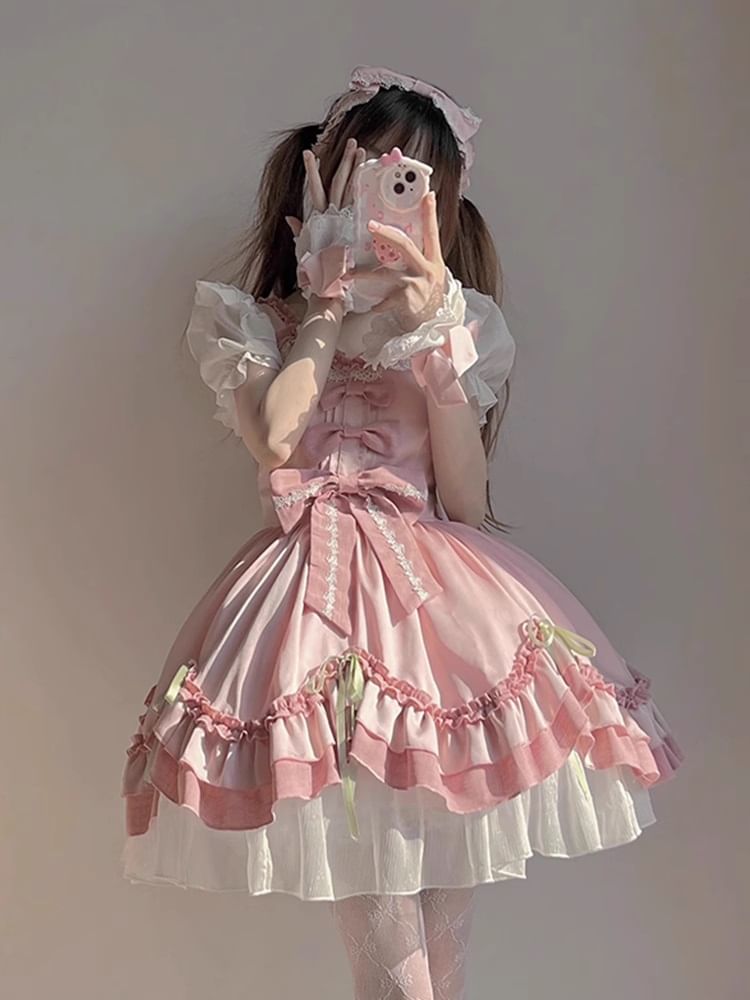 Short-Sleeve Bow Ruffle Trim Lace Panel Mini A-Line Dress / Wrist Cuff / Petticoat Skirt / Set