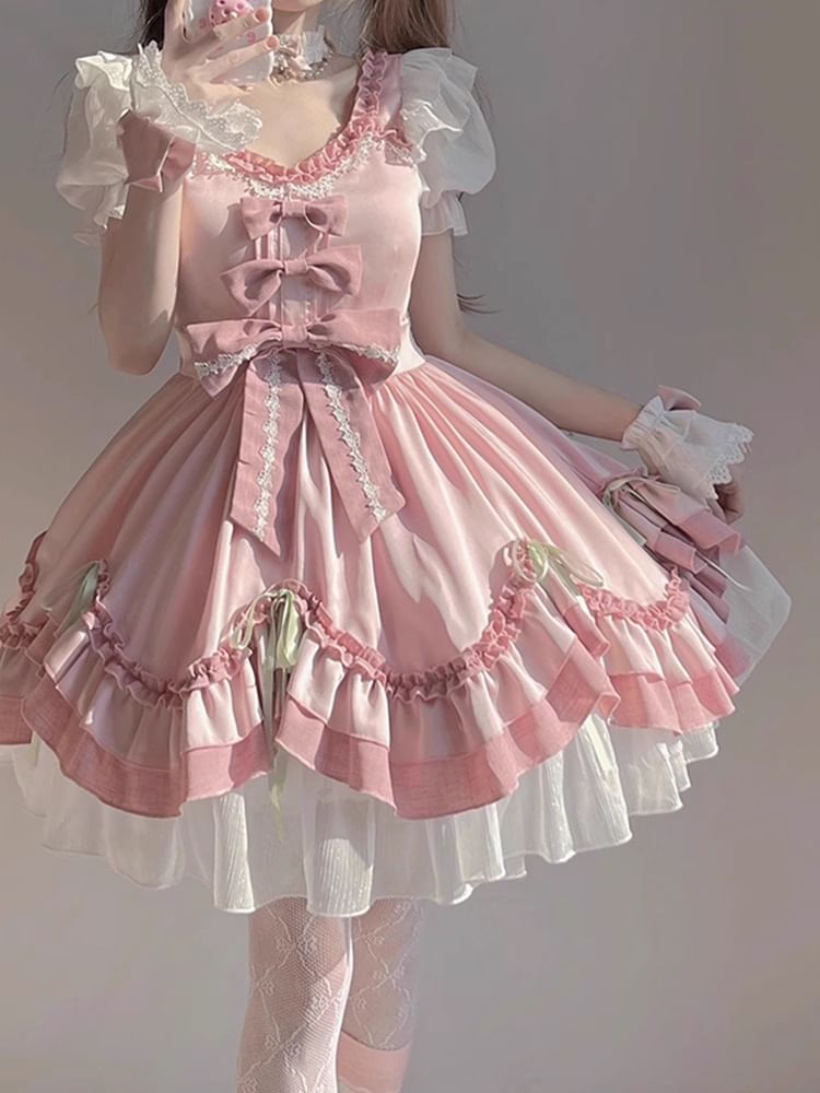 Short-Sleeve Bow Ruffle Trim Lace Panel Mini A-Line Dress / Wrist Cuff / Petticoat Skirt / Set