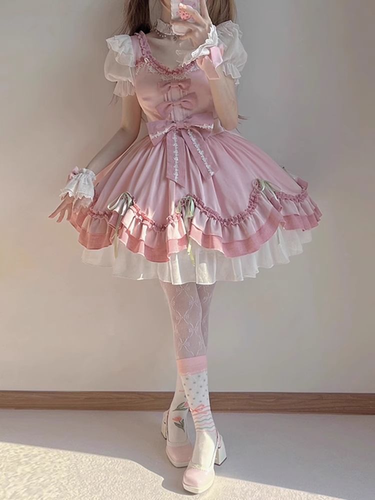 Short-Sleeve Bow Ruffle Trim Lace Panel Mini A-Line Dress / Wrist Cuff / Petticoat Skirt / Set