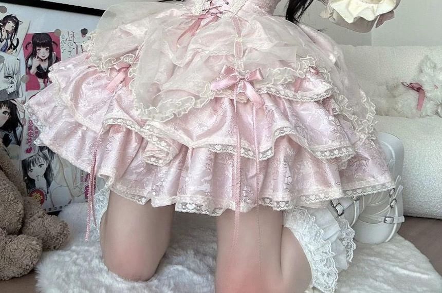 Long-Sleeve Cold-Shoulder Bow Tiered Lace Panel Mini A-Line Dress / Arm Sleeves / Choker / Petticoat Skirt / Set