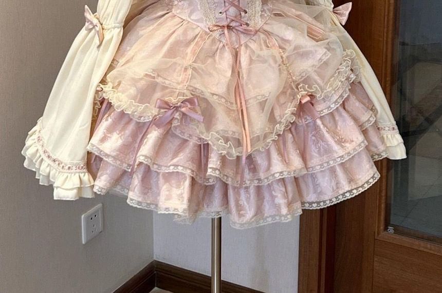 Long-Sleeve Cold-Shoulder Bow Tiered Lace Panel Mini A-Line Dress / Arm Sleeves / Choker / Petticoat Skirt / Set