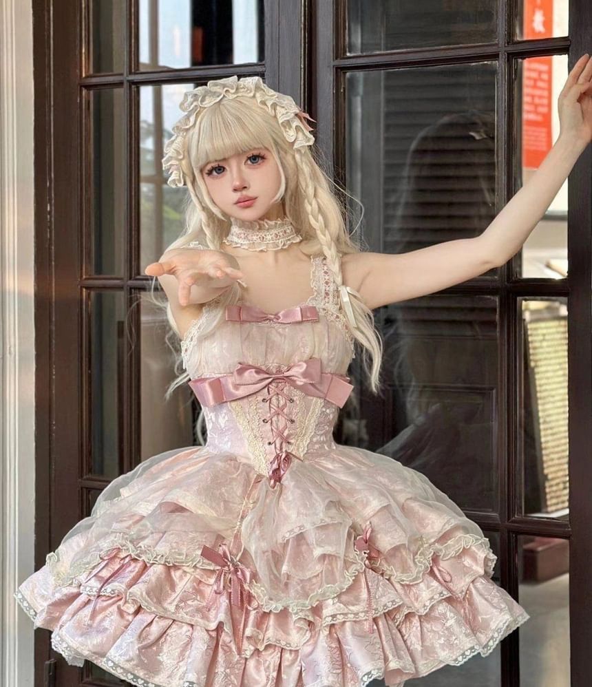 Long-Sleeve Cold-Shoulder Bow Tiered Lace Panel Mini A-Line Dress / Arm Sleeves / Choker / Petticoat Skirt / Set